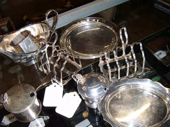 Pair silver toast racks, coin-set dish, silver condiments & sundry plated items (Q)